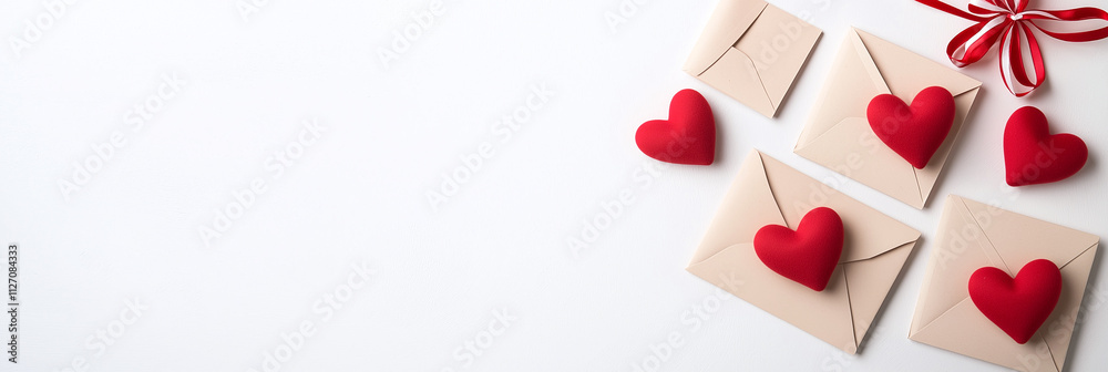 Valentine Day concept with red hearts and envelopes on white background, creating romantic and festive atmosphere. Perfect for expressing love and affection