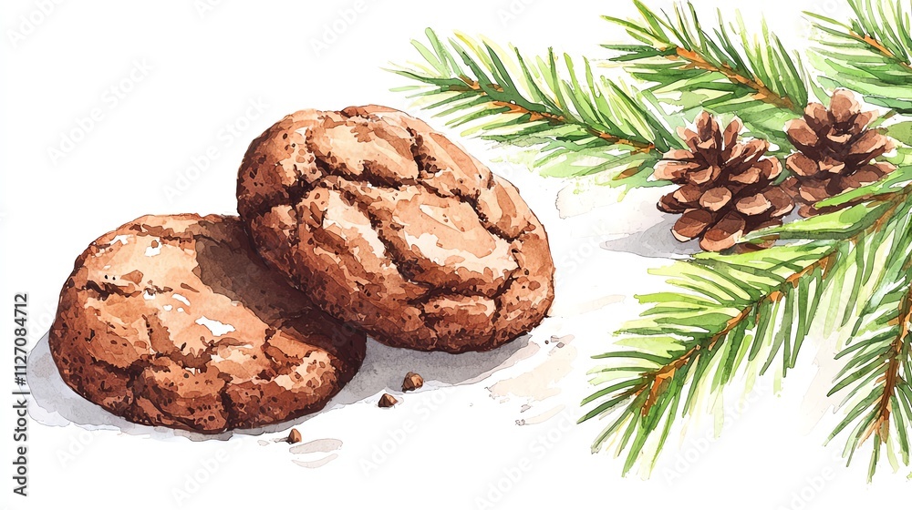 Two delicious chocolate cookies accompanied by pine branches and cones, perfect for holiday-themed designs. Two delicious chocolate cookies accompanied by pine branches and cones, perfect for holiday-themed designs.