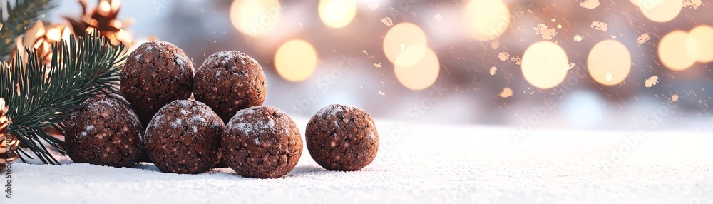 Delicious chocolate balls arranged on a snowy surface with festive bokeh lights in the background. Delicious chocolate balls arranged on a snowy surface with festive bokeh lights in the background.