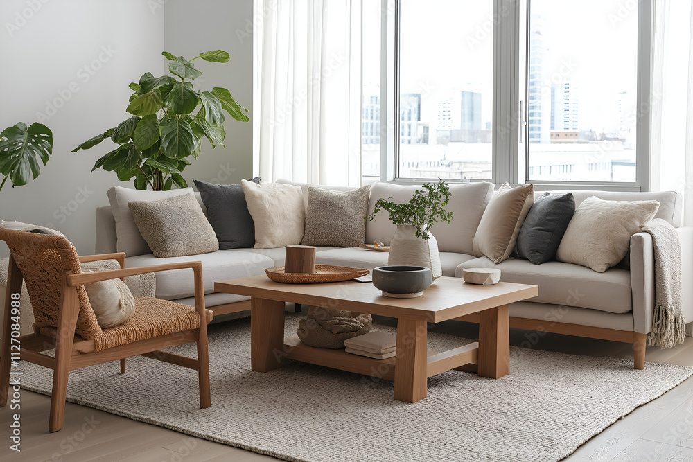 Fototapeta premium Clean, airy Scandinavian living room with a soft color palette, natural wood furniture, and cozy layered textiles