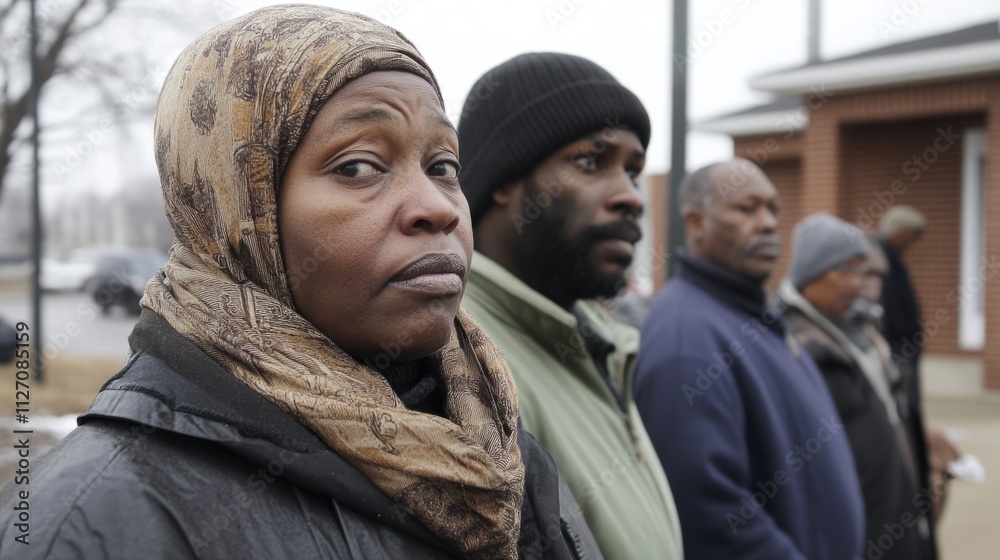 Line of people outside unemployment office, reflecting the challenges and resilience of individuals facing economic hardship, community solidarity in uncertain times. Line of people outside unemployment office, reflecting the challenges and resilience of individuals facing economic hardship, community solidarity in uncertain times.