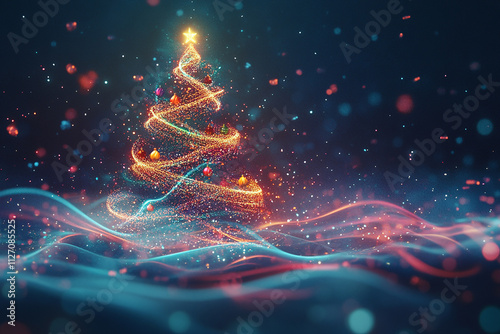 Glowing Christmas Tree of Lines and Dots with a Starry Night Background