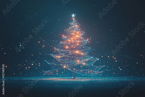 Glowing Christmas Tree of Lines and Dots with a Starry Night Background