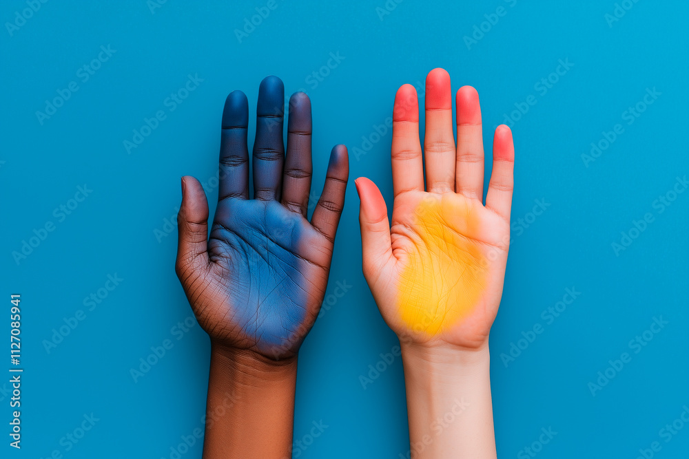 Two Hands Painted Blue and Yellow on Blue Background Two Hands Painted Blue and Yellow on Blue Background