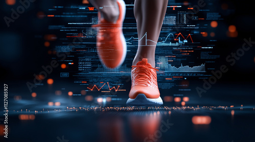 runner in motion with data visualization, showcasing athleticism and technology. vibrant orange shoes contrast against digital backdrop, emphasizing speed and performance