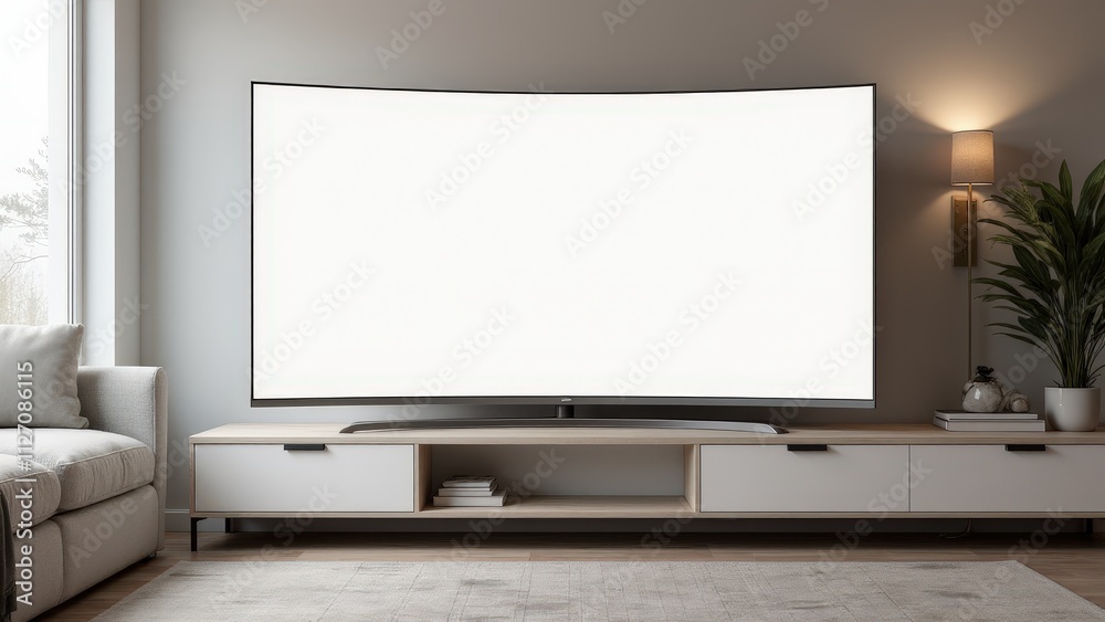 Curved TV mockup with a sleek design and blank screen, displayed on a modern unit surrounded by soft light and minimalist living room decor. Curved TV mockup with a sleek design and blank screen, displayed on a modern unit surrounded by soft light and minimalist living room decor.