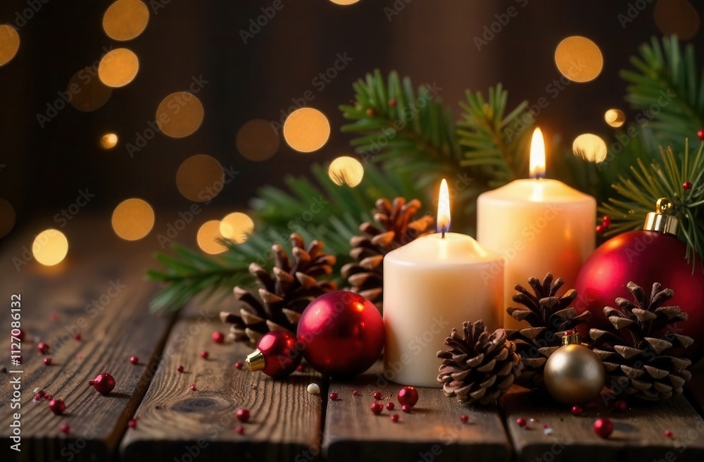 A candle and various Christmas decorations are on a wooden table A candle and various Christmas decorations are on a wooden table