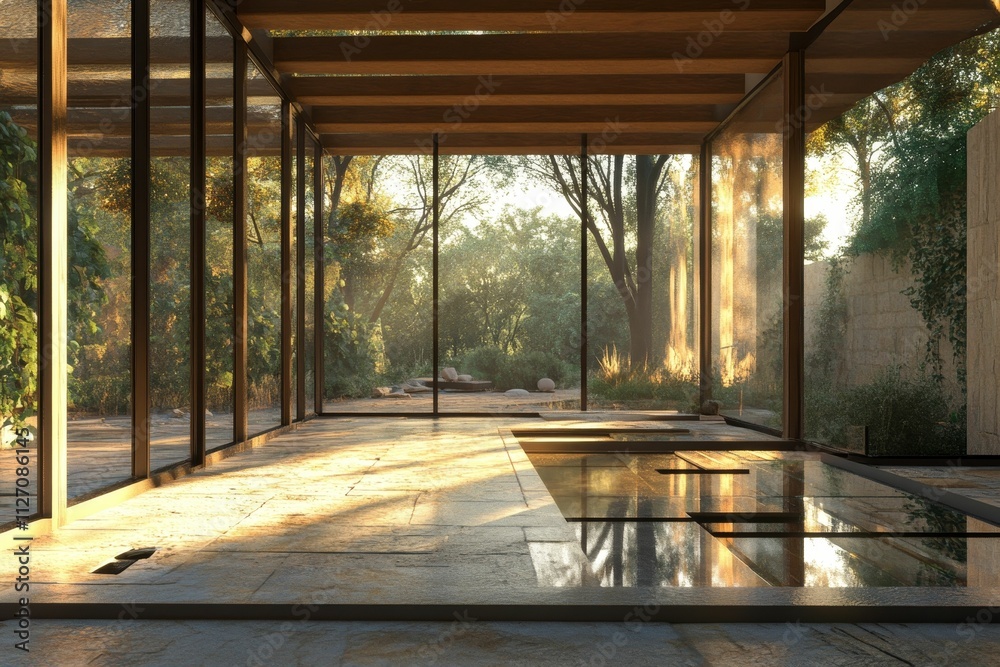 Sunlit modern structure, glass walls, reflecting pool. Sunlit modern structure, glass walls, reflecting pool.