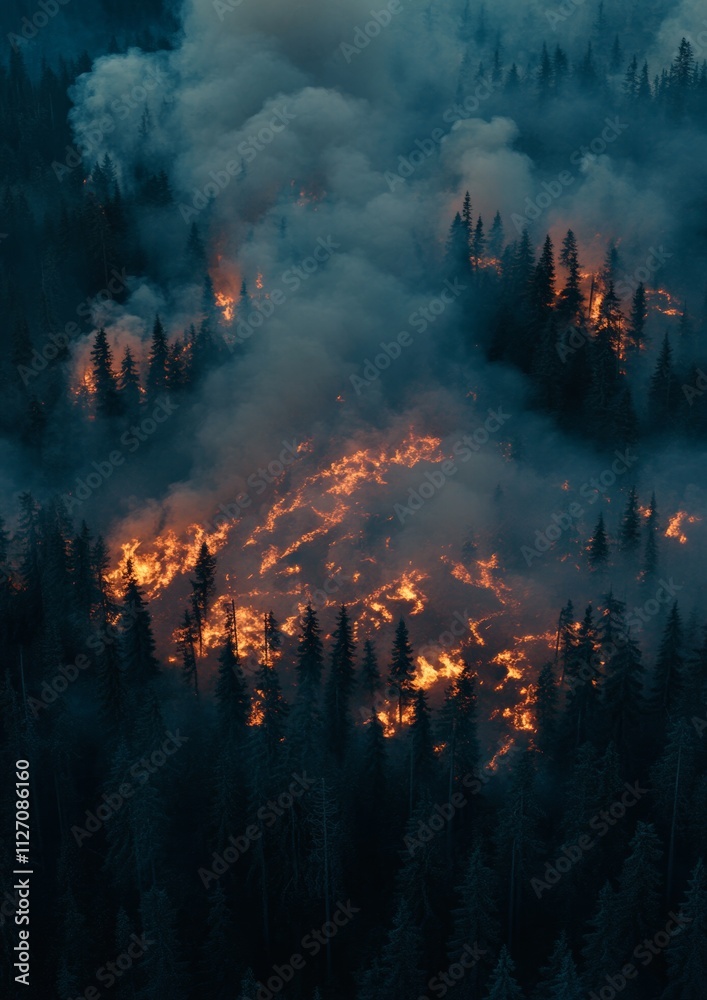 Obraz premium Aerial View of Large Fire in Mountainous Forest Landscape