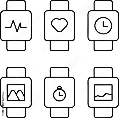Smartwatch Fitness Tracker Icons Heart Rate, Time, Activity, Data