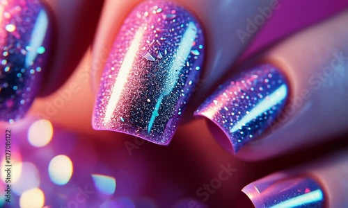 Close-up of three fingers with iridescent glitter nail polish.