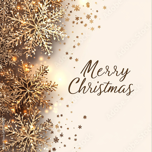 Merry Christmas Greeting Card with Snowflakes and Golden Decorations