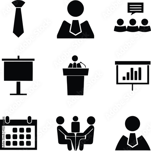 Business Meeting Icons Presentation, Management, and Teamwork Symbols