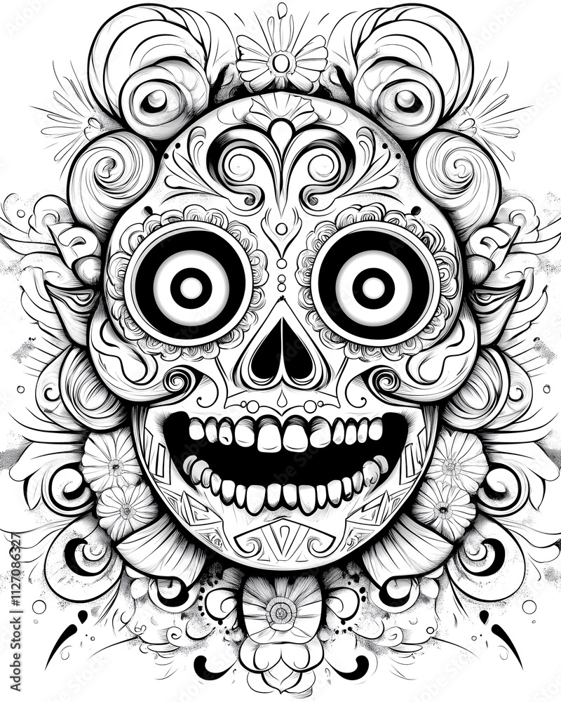 Fototapeta premium A skull with a smile on it. The skull is decorated with flowers and has a very happy expression