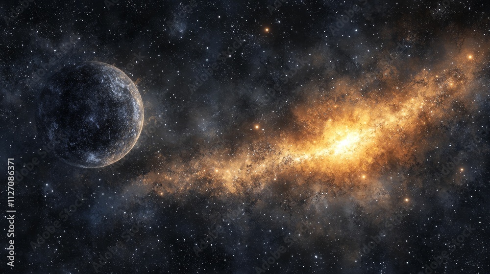 Obraz premium Dark planet, glowing nebula, cosmic dust, scattered stars.