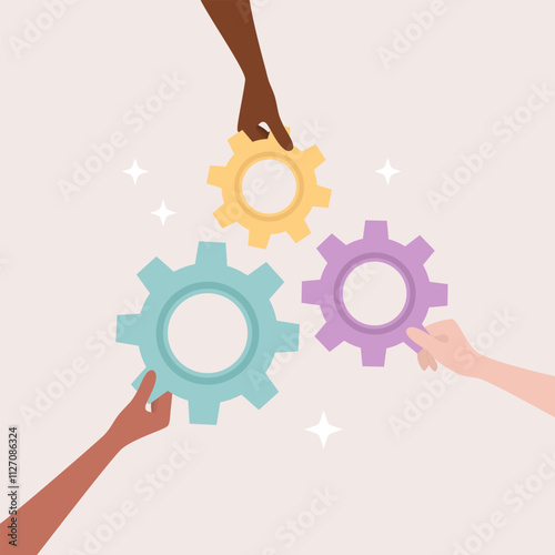 Hands of people of different nationalities and skin tones holding multicolored gears, flat vector illustration