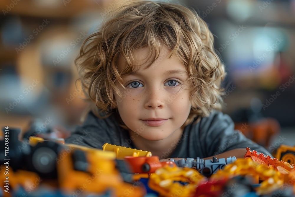 A joyful child playing with colorful toy vehicles, immersed in creative fun. A joyful child playing with colorful toy vehicles, immersed in creative fun.