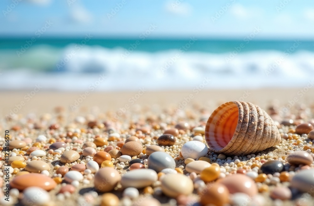 A beautiful sea shell is resting atop a large pile of rocks on a sandy beach A beautiful sea shell is resting atop a large pile of rocks on a sandy beach