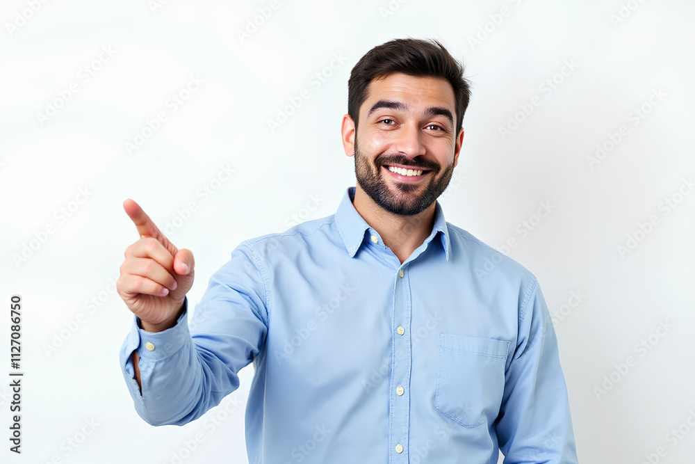 Smiling Man Pointing to the Side in a Light Blue Shirt V.2 Smiling Man Pointing to the Side in a Light Blue Shirt V.2