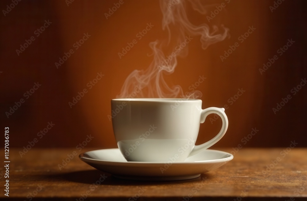 A steaming cup of coffee is now resting on a saucer on a wooden table A steaming cup of coffee is now resting on a saucer on a wooden table