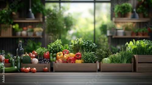 Fresh Organic Vegetables Displayed in Wooden Crates in Beautiful Indoor Garden Setting with Natural Light