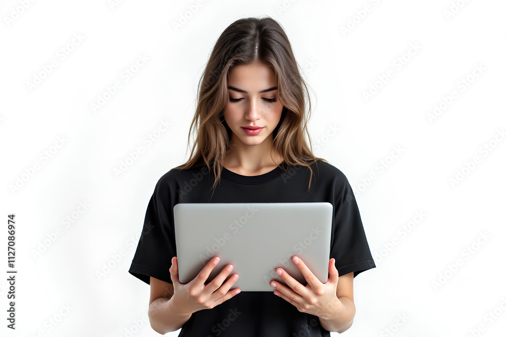 Focused Woman Holding a Laptop While Working Focused Woman Holding a Laptop While Working