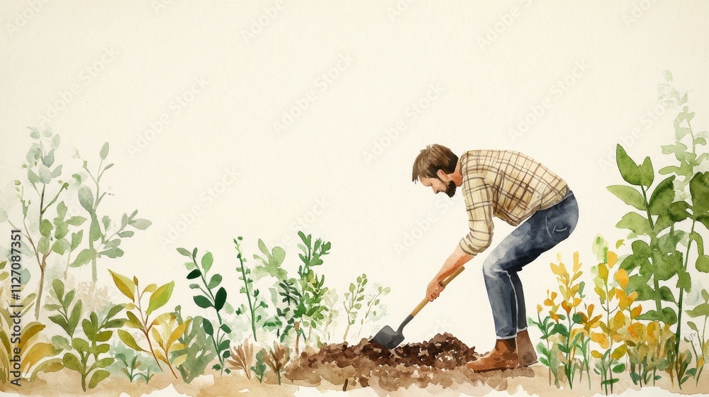 Gentle Watercolor Illustration of a Gardener Digging in a Garden Full of Green and Yellow Plants Gentle Watercolor Illustration of a Gardener Digging in a Garden Full of Green and Yellow Plants