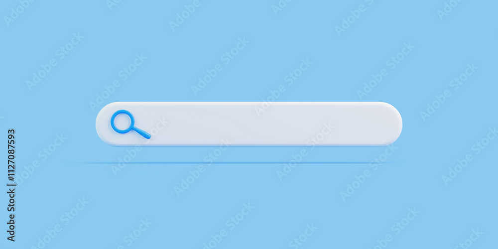 White search bar with a blue magnifying glass icon on a solid blue background, symbolizing online search and browsing. 3D render illustration