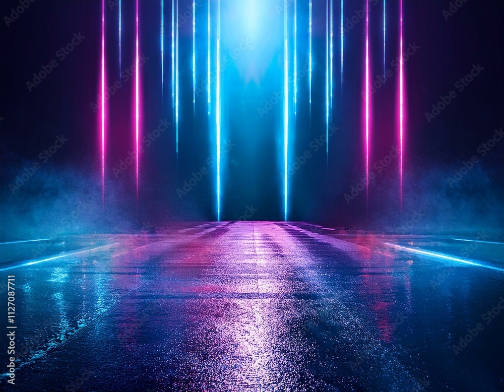 Dark, abstract background of a wet street, neon lights, smoky atmosphere, and a futuristic performance stage feel.
Dark, abstract background of a wet street, neon lights, smoky atmosphere, and a futuristic performance stage feel.