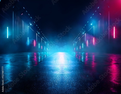 Dark, abstract background of a wet street, neon lights, smoky atmosphere, and a futuristic performance stage feel.
