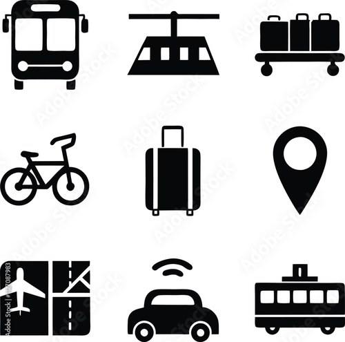 Travel Icons Transportation, Luggage, Location, and Planning
