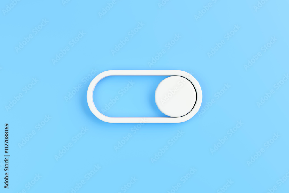 A simple white toggle switch on a bright blue background, representing settings, interface control, and modern design aesthetics. 3D render illustration