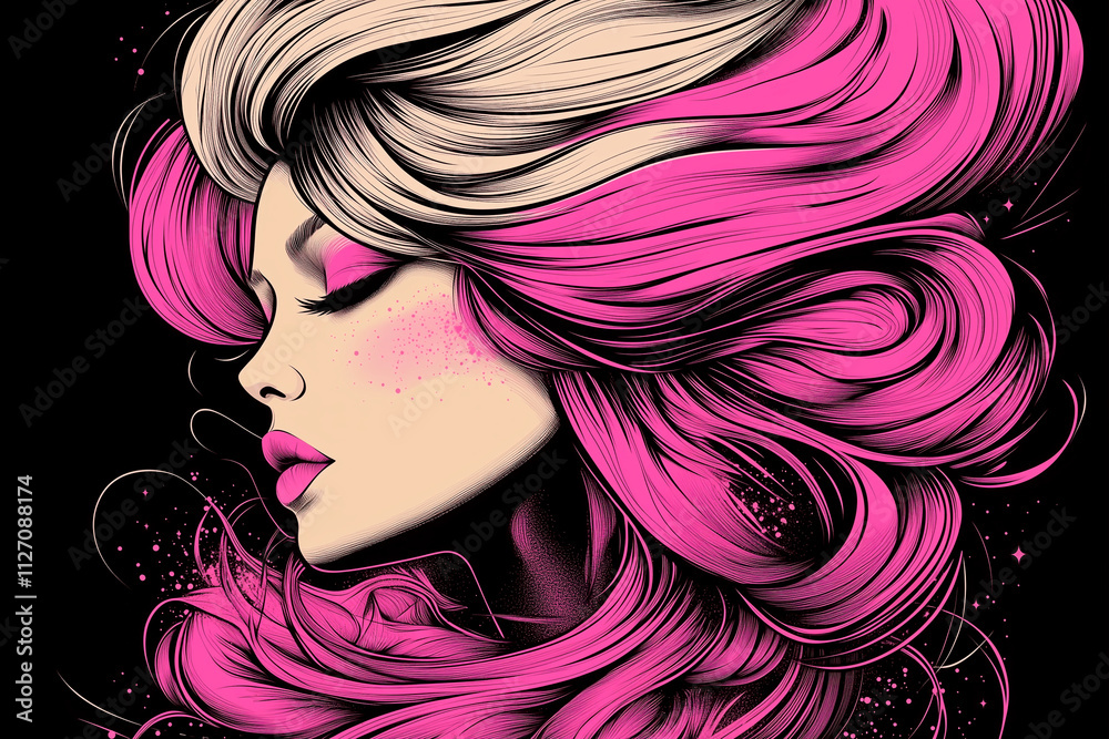 A woman with long pink hair is the main subject of the image. The hair is styled in a way that makes it appear as if it is flowing down her back. The woman is wearing a pink shirt and has a pink nose A woman with long pink hair is the main subject of the image. The hair is styled in a way that makes it appear as if it is flowing down her back. The woman is wearing a pink shirt and has a pink nose