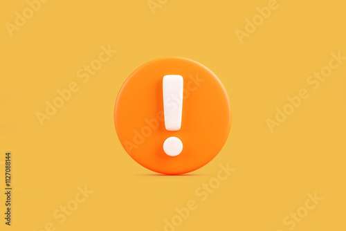 Exclamation mark icon in white on a circular orange background, symbolizing caution, alert, or warning on digital platforms. 3D render illustration