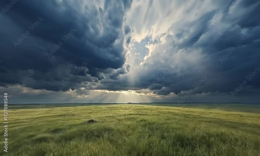 Dramatic Sunset Over a Vast, Windswept Grassland Under a Stormy Sky Dramatic Sunset Over a Vast, Windswept Grassland Under a Stormy Sky