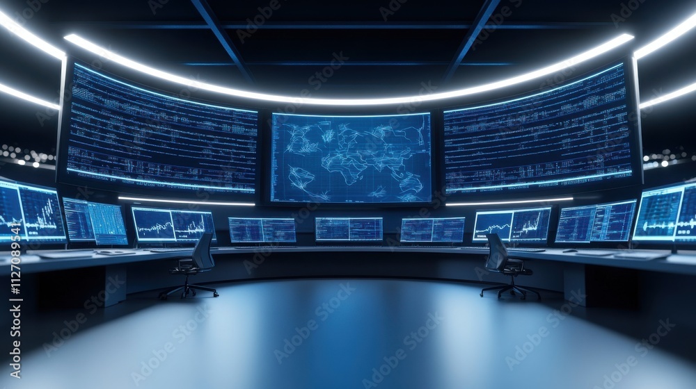High-Tech Control Room with Multiple Monitors Displaying Data Visualization and Global Map in Futuristic Setting High-Tech Control Room with Multiple Monitors Displaying Data Visualization and Global Map in Futuristic Setting