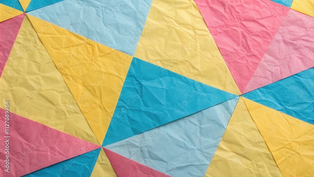 Fototapeta premium Abstract Crinkled Paper Background with Geometric Triangles in Vibrant Yellow, Blue, and Pink Hues