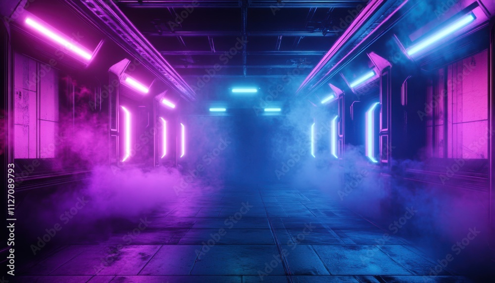 Fototapeta premium Futuristic Neon Corridor Cyberpunk Sci Fi Vaporwave Purple Blue Lights Smoke Grunge