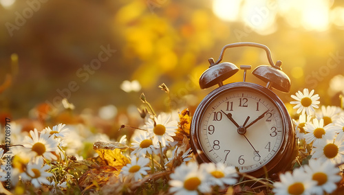 Daylight Saving Time Begins pattern. Vintage Alarm Clock in a Flower Field at Sunrise Time and Nature Concept Stock Image