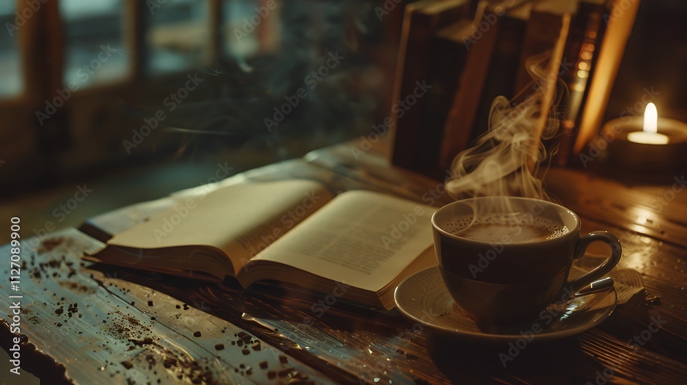 Fototapeta premium A steaming cup of coffee with latte art, placed beside an open book.