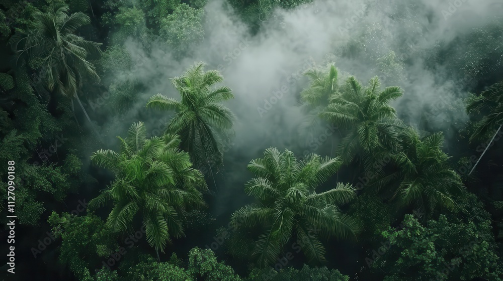 Aerial view of a rainforest with visible vapor rising into the atmosphere, completing the water cycle Aerial view of a rainforest with visible vapor rising into the atmosphere, completing the water cycle
