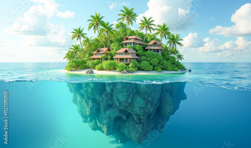 a floating island with houses and palm trees in the sea, a view above and below the water, against a blue sky background