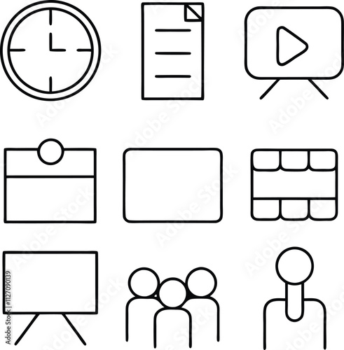 Meeting Schedule Icons Time, Agenda, Presentation, Team, Video