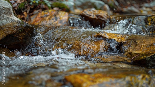 Close-up of a flowing stream over smooth rocks in nature