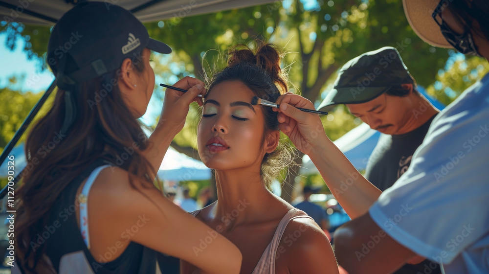 Makeup artist applying cosmetics to model at outdoor shoot. Makeup artist applying cosmetics to model at outdoor shoot.