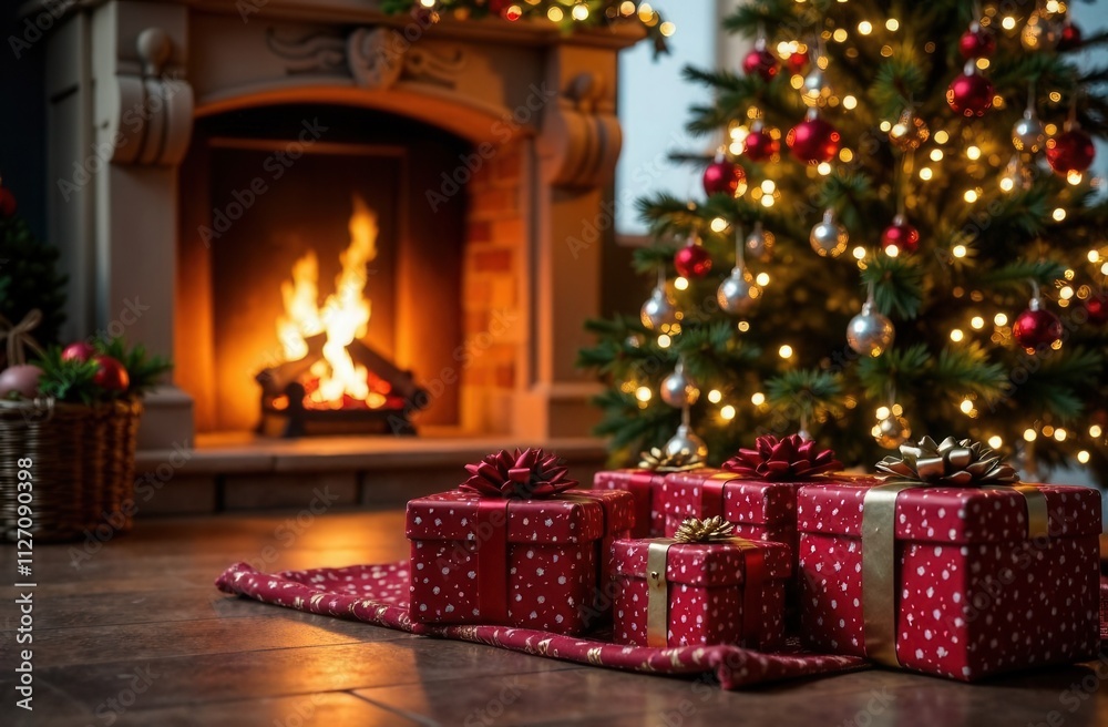 christmas tree with gifts and fireplace christmas tree with gifts and fireplace