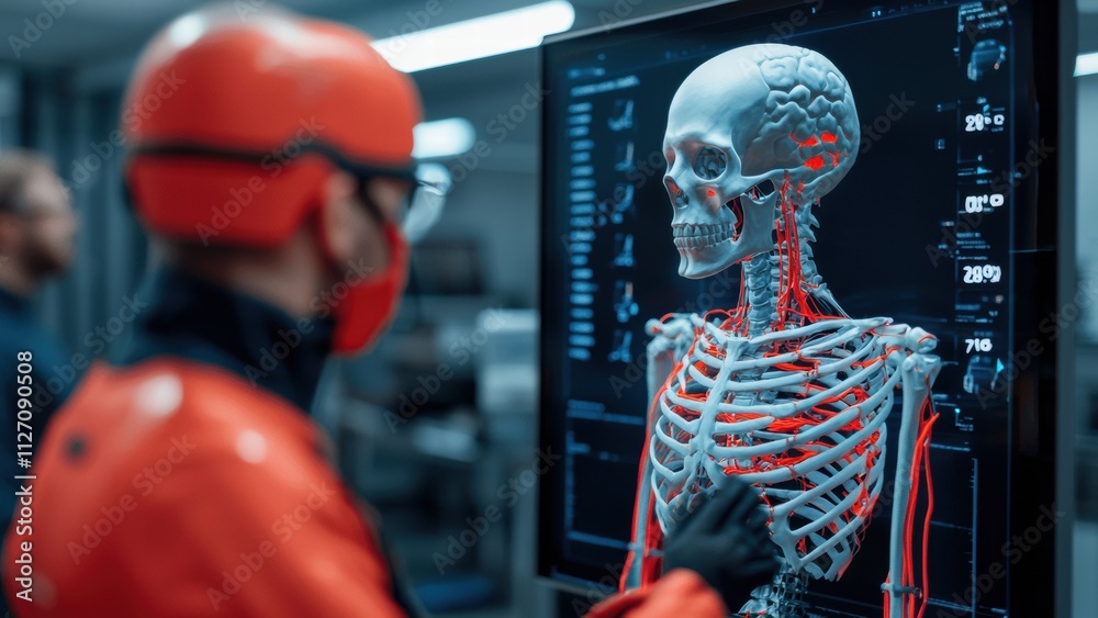 A medical professional examines a digital display of a human skeleton, highlighting bones and vascular structures in a high-tech lab environment. A medical professional examines a digital display of a human skeleton, highlighting bones and vascular structures in a high-tech lab environment.