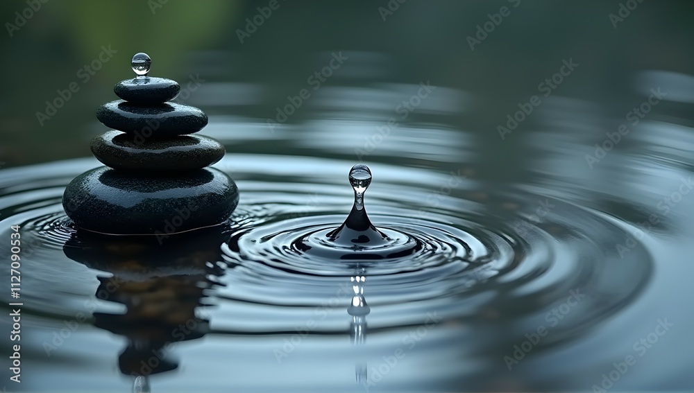 Serene black stones balanced on water, a single drop creates ripples; a perfect moment of tranquility and peace. Find your inner calm. Serene black stones balanced on water, a single drop creates ripples; a perfect moment of tranquility and peace. Find your inner calm.