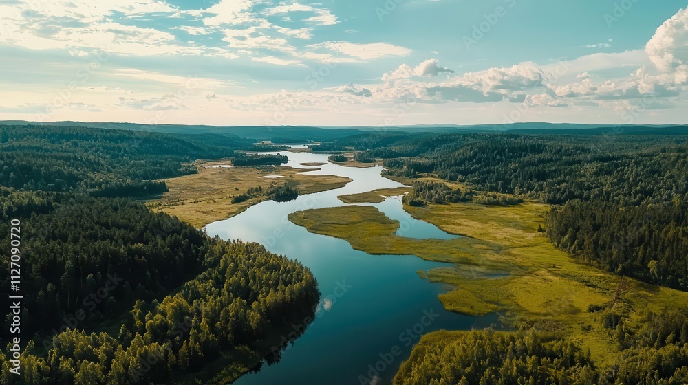 Aerial view of interconnected forest and water bodies, visualizing the flow of moisture in nature Aerial view of interconnected forest and water bodies, visualizing the flow of moisture in nature