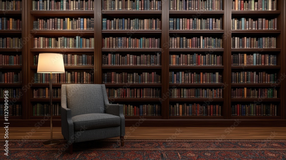 A softly lit room features a comfortable armchair beside a lamp, complemented by a neatly arranged wall of bookshelves filled with various books, creating a perfect reading atmosphere A softly lit room features a comfortable armchair beside a lamp, complemented by a neatly arranged wall of bookshelves filled with various books, creating a perfect reading atmosphere
